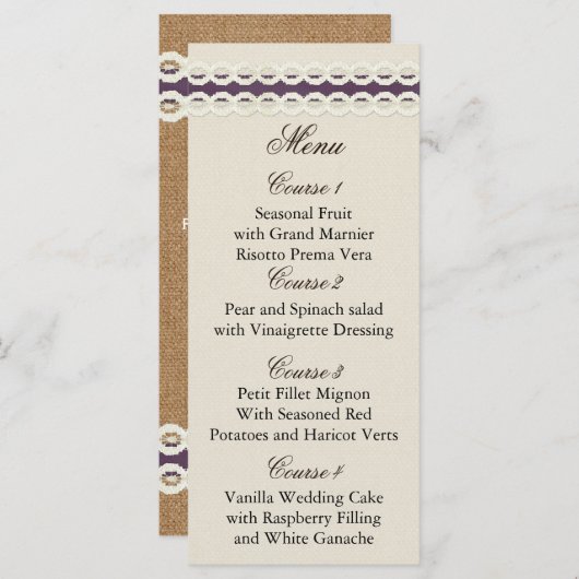 バーラップフェイクとレースの紫色の田舎結婚式 メニュー (正面/裏面)