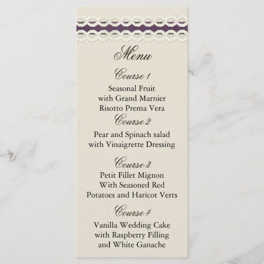 バーラップフェイクとレースの紫色の田舎結婚式 メニュー (正面)