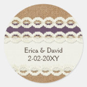 バーラップフェイクとレースの紫色の田舎結婚式 ラウンドシール (正面)