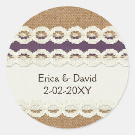 バーラップフェイクとレースの紫色の田舎結婚式 ラウンドシール