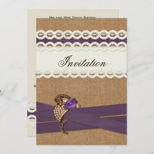 バーラップフェイクとレースの紫色の田舎結婚式 招待状 (正面/裏面)