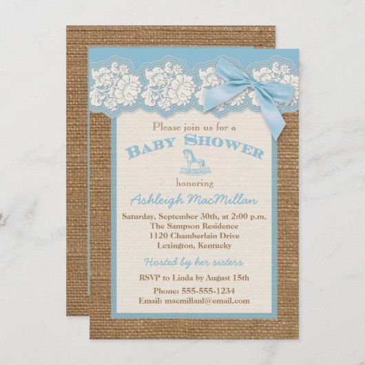 バーラップフェイクアイボリーレース、ブルーベビーシャワー招待状2 招待状 (正面/裏面)