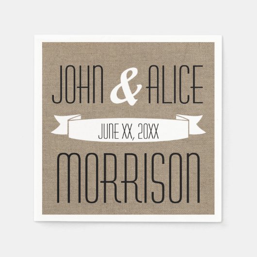 バーラップフェイクホワイトリボンモノグラム紙ナプキンス スタンダードカクテルナプキン (正面)