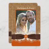 バーラップフェイクレースボウ写真ウェディング招待、ブラウン2 招待状 (正面/裏面)