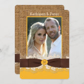 バーラップフェイクレースボウ写真ウェディング招待、ブラウン3 招待状 (正面/裏面)