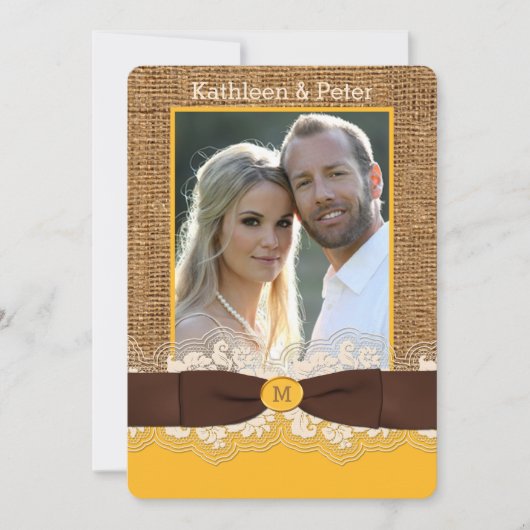 バーラップフェイクレースボウ写真ウェディング招待、ブラウン3 招待状 (正面)