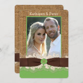 バーラップフェイクレースボウ写真ウェディング招待、ブラウン4 招待状 (正面/裏面)