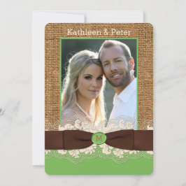 バーラップフェイクレースボウ写真ウェディング招待、ブラウン4 招待状