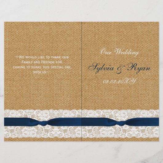 バーラップフェイクレース、素朴な結婚式プログラムを折り畳んだ (正面)