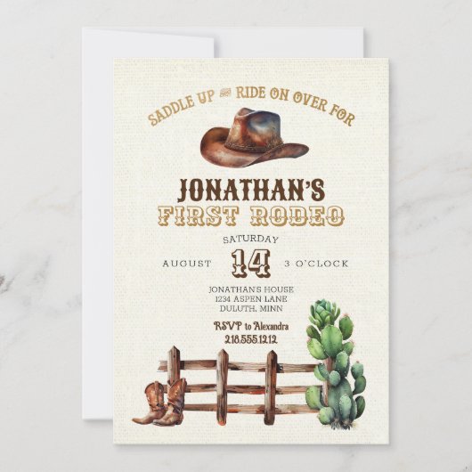 バーラップフェイク金ゴールドカウボーイファーストロデオ 招待状 (正面)