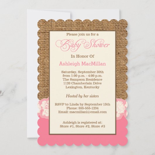 バーラップフェイク、レース写真ベビーシャワー招待状 招待状 (裏面)