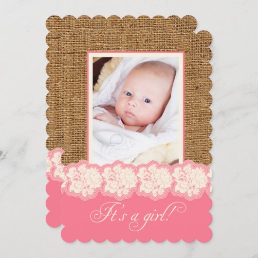 バーラップフェイク、レース写真ベビーシャワー招待状 招待状 (正面/裏面)