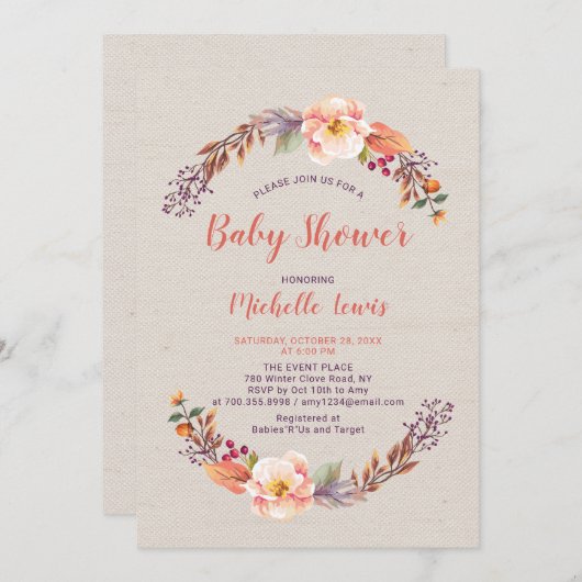 バーラップフローラ秋ガールベビーシャワー招待状 招待状 (正面/裏面)