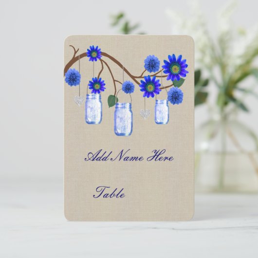 バーラップブルー素朴メイソンジャーステーブル座席表 招待状 (スタンド正面)