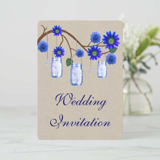 バーラップブルー素朴メイソンジャース結婚式招待状 招待状 (スタンド正面)