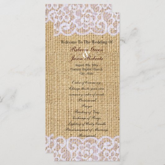 バーラップホワイトレース田舎の田舎風の結婚式プログラム プログラム (正面/裏面)