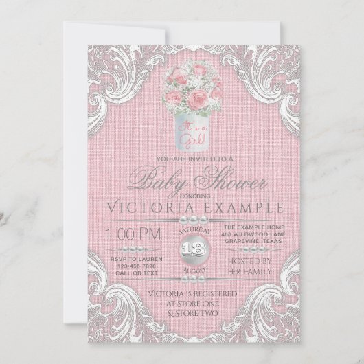 バーラップメイソンジャー素朴ベビーシャワー招待状 招待状 (正面)