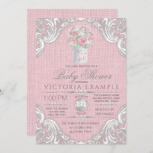 バーラップメイソンジャー素朴ベビーシャワー招待状 招待状 (正面/裏面)