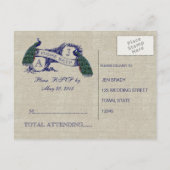 バーラップリネンヴィンテージピーコックス素朴ウェディングRSVP インビテーションポストカード (裏面)