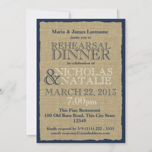 バーラップルックリハーサルディナーネイビーブルー 招待状 (正面)