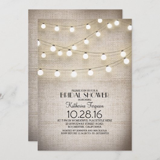 バーラップレースのストリングライト素朴なブライダルシャワー 招待状 (正面/裏面)