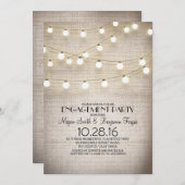 バーラップレースのストリングライト素朴な婚約パーティ 招待状 (正面/裏面)