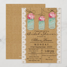 バーラップレースのブルーメイソンジャールラスティックブライダルシャワー 招待状