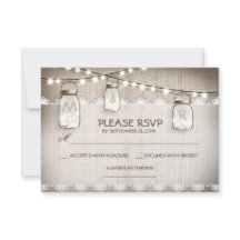 バーラップレースのライトとメイスンジャーの結婚式RSVPカード