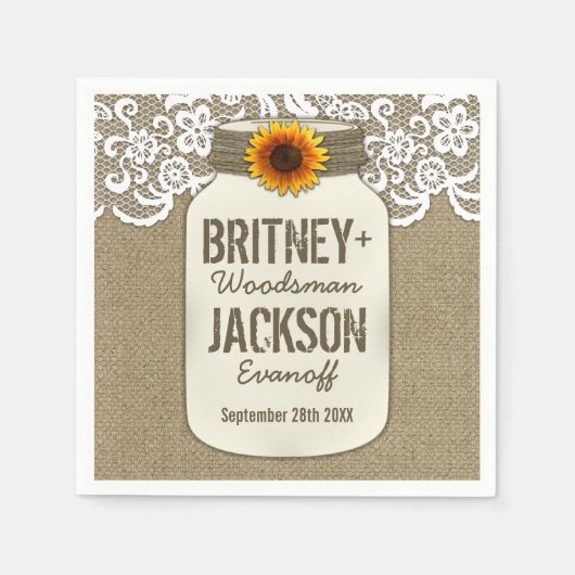 バーラップレースひまわりメイソン結婚のナプキン スタンダードカクテルナプキン (正面)