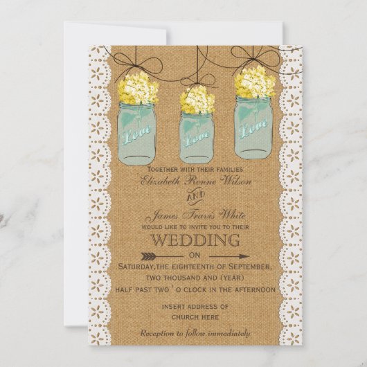 バーラップレースイエローアジサイのメイスンジャース招待状 招待状 (正面)