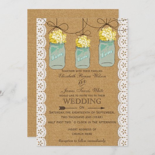 バーラップレースイエローアジサイのメイスンジャース招待状 招待状 (正面/裏面)