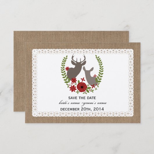 バーラップレースインスパイア鹿クリスマスの日付を保存 セーブザデート (正面/裏面)