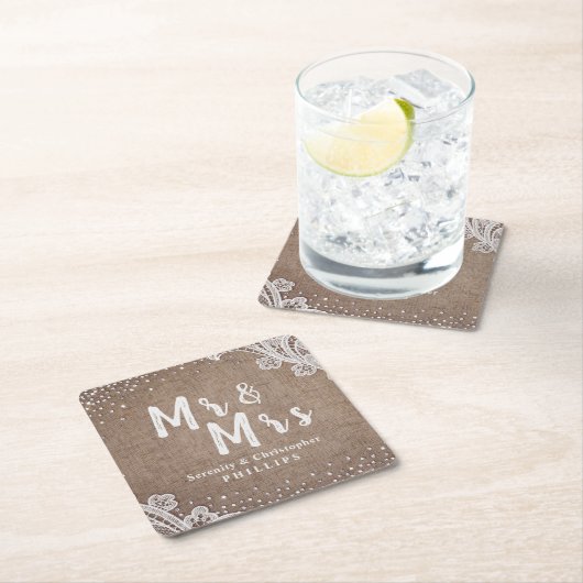 バーラップレースシルバーグリッターミスター&ミセス結婚・ルスティック スクエアペーパーコースター (インサイチュ)