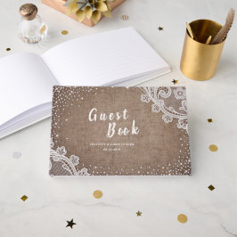 バーラップレースシルバーグリッター素朴なカントリーウェディング ゲストブック