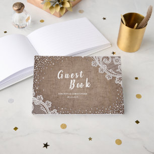 バーラップレースシルバーグリッター素朴なカントリーウェディング ゲストブック