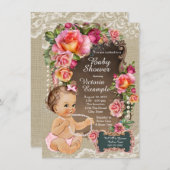 バーラップレースパールシ素朴ックベビーシャワー 招待状 (正面/裏面)