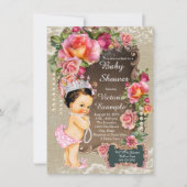 バーラップレースパールプリンセスベビーシャワー素朴 招待状 (正面)