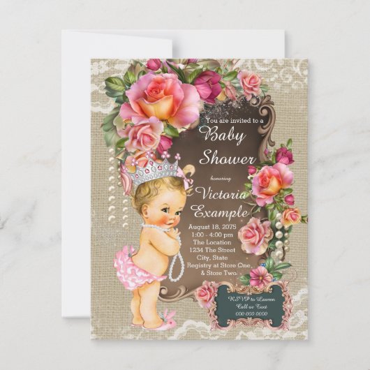 バーラップレースパールプリンセスベビーシャワー 招待状 (正面)