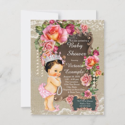 バーラップレースパールプリンセスベビーシャワー 招待状 (正面)