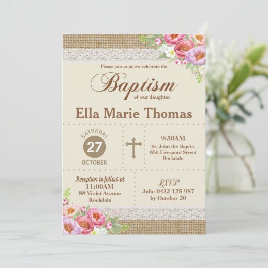バーラップレースフローラ《キリスト教》洗礼式や命名式バプティスマガ素朴ール 招待状 (スタンド正面)