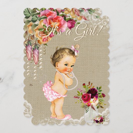 バーラップレースメイスンジャーベビーシャワー招待状 招待状 (正面/裏面)