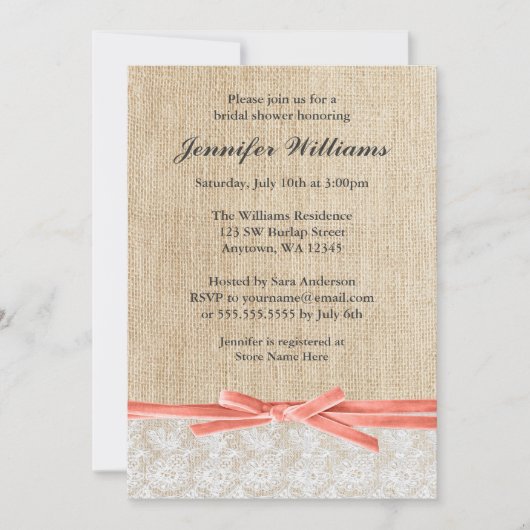 バーラップレース素朴コーラルリボンブライダルシャワー 招待状 (正面)