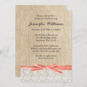 バーラップレース素朴コーラルリボンブライダルシャワー 招待状 (正面/裏面)