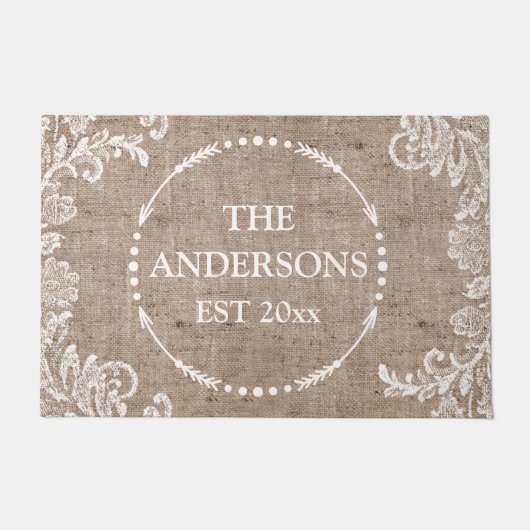 バーラップレース素朴シックパーソナライズされたネーム ドアマット (正面)