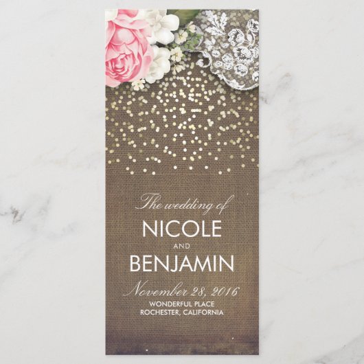 バーラップレース金ゴールド紙吹雪素朴結婚式 プログラム (正面)