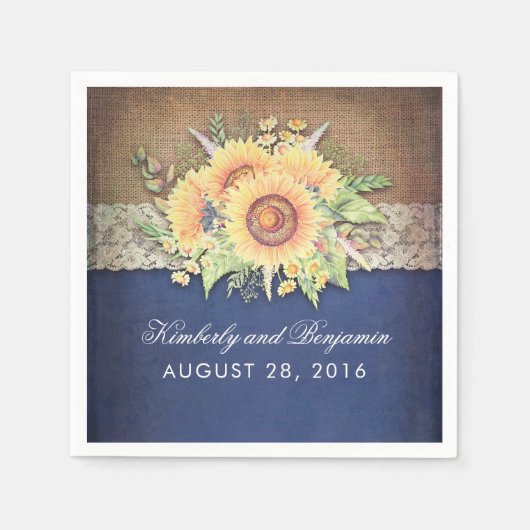 バーラップレース&ひまわりネイビー素朴秋の結婚式 スタンダードカクテルナプキン (正面)