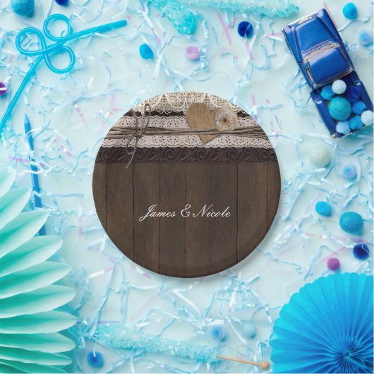 バーラップレース&ウッドロマン素朴ティッ結婚クのプレート ペーパープレート (パーティー)