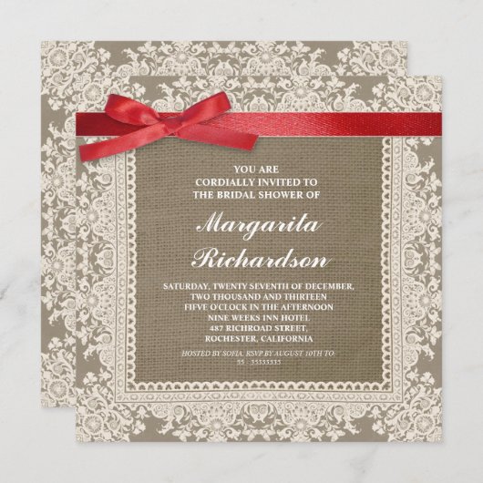 バーラップレース&レッドリボンブライダルシャワー招待状 招待状 (正面/裏面)