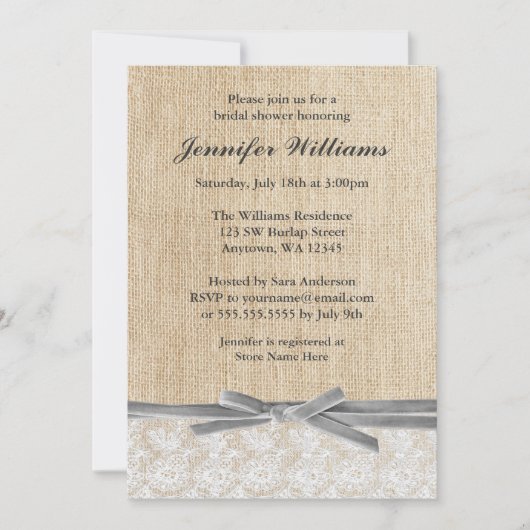 バーラップレ素朴ースグレーリボンブライダルシャワー 招待状 (正面)