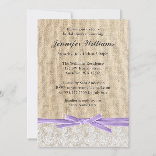 バーラップレ素朴ースラベンダーリボンブライダルシャワー 招待状 (正面)